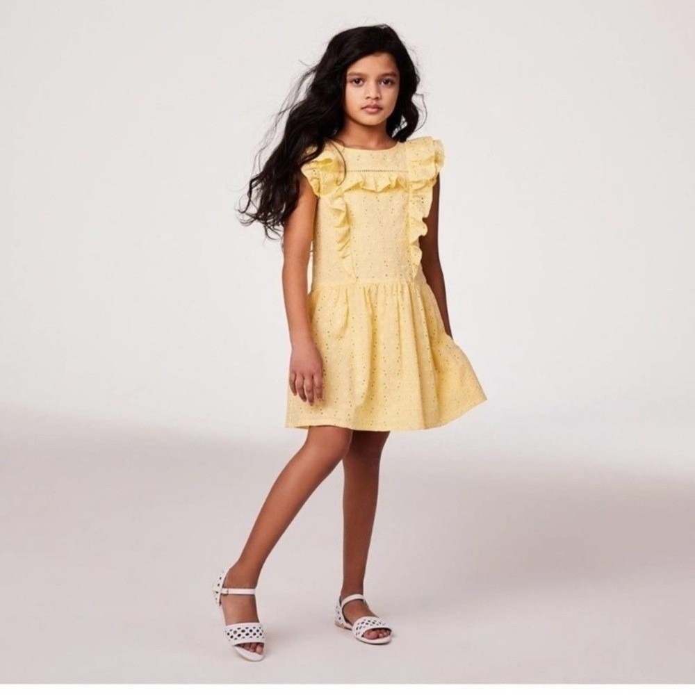 ☀️ JANIE & JACK Ruffle trim eyelet dress Yellow Size 10 summer party Easter